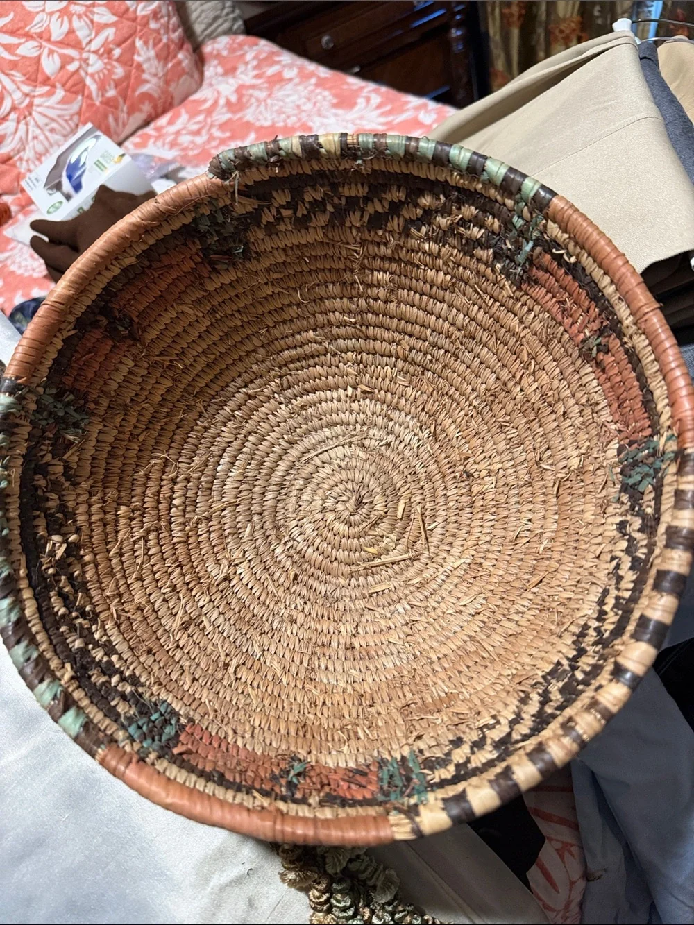 Handwoven Natural and Brown turquoise orange Basket very beautiful color